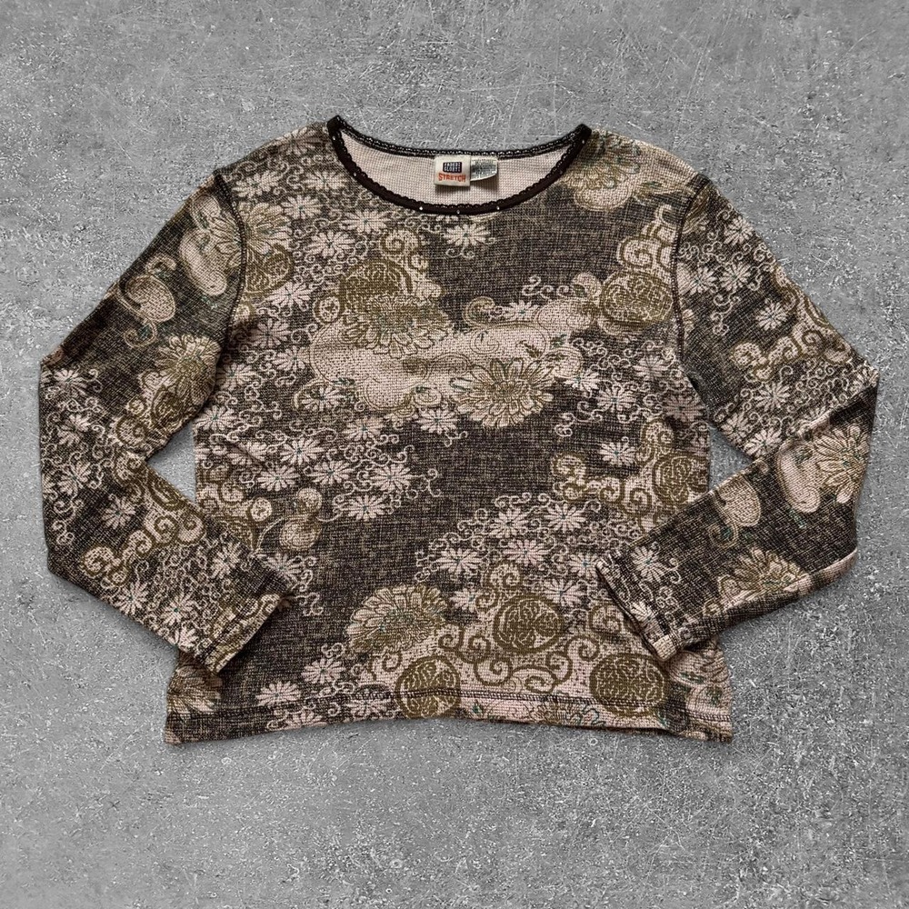 Faded Glory Brown Floral Paisley Waffle Knit Thermal Top Lace Trim Rhinestone M